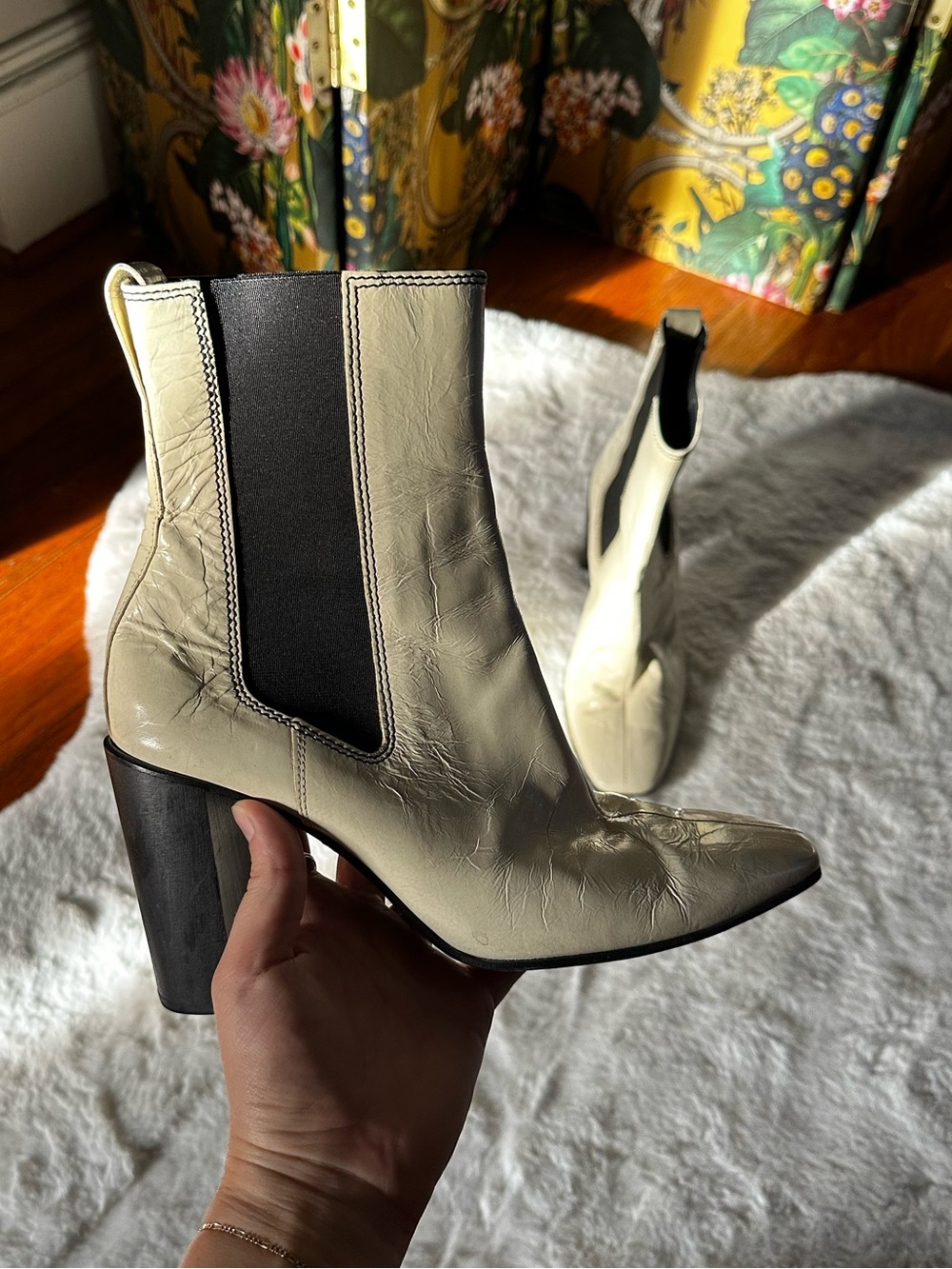 Rag and Bone Axis Chelsea Boot Crinkled Patent Leather Square Toe 37 6.5 7